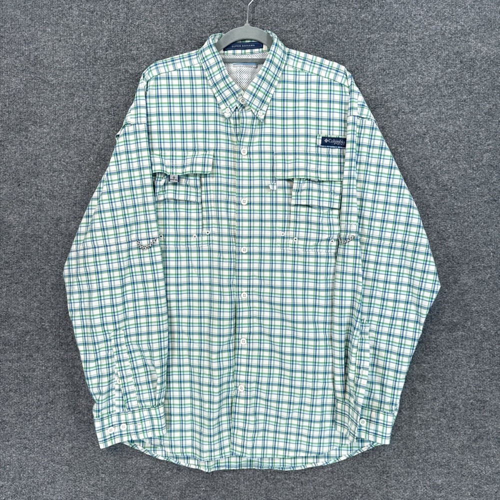 Columbia Super Bahama Shirt Mens Large Green Plaid Vented Fishing Hiking